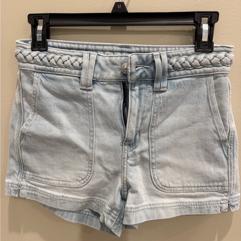 American Eagle Outfitters Light Blue Braided-Waist Denim Shorts
